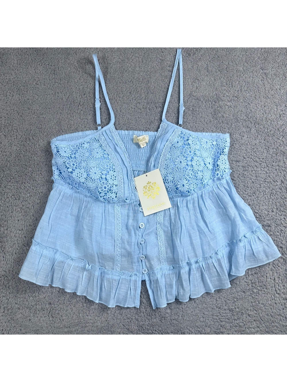 Rebellion Again Light Blue Lace Button-Up Tank Top, Size Large